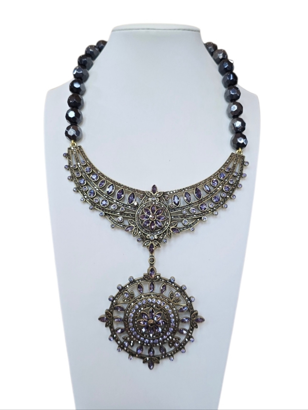 Heidi Daus French Twist Purple Swarovski Crystal Gold Brooch Pendant Necklace